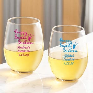 Personalized 24 pieces Printed Stemless Wine Glass Favors Happy Sweet 16 DESIGN-MG5E Sweet Sixteen Favors