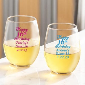 Personalized 24 pieces Printed Stemless Wine Glass Favors Happy Sweet Sixteenth 16th Birthday DESIGN-MG5M Sweet 16 Favors