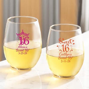 Personalized 12 Pieces Stemless Wine Glass Sweet 16 Favors, Sweet 16 Party Favors, Sweet Sixteen Favors, DESIGN-MG26 - Sweet 16 Favors