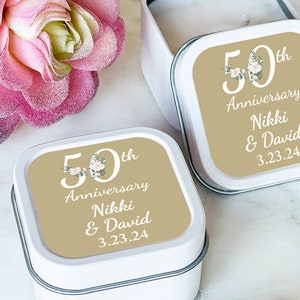 Personalized 12 Pieces Golden 50th Anniversary White Mini Candle Tin Favors, Golden 50th Anniversary Candle Party Favors ( MG833 )