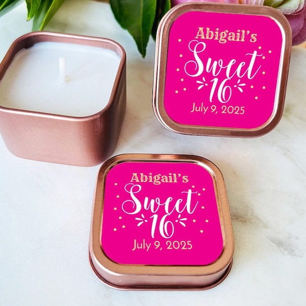 Personalized 12 Pieces Sweet 16 Hot Pink Gold Rose Gold Mini Candle Tin Favors, Sweet 16 Favors, Candle Party Favors ( MG828 )