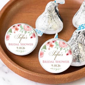 Personalized 108 Pieces Pink Floral Kisses Stickers Only, Bridal Shower Favors, Favors, Stickers ONLY ( MG818 )