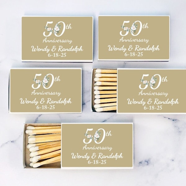 Personalized 50 Pieces  Golden 50th Anniversary Match Favors, Golden 50th Wedding Anniversary Matchbox  w/ Stickers Favors (MG833)