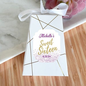 Personalized 12 Pcs Sweet Sixteen Party Triangle Box Gold Foil Pattern with Labels Favors, Sweet Sixteen Boxes Favors MG52-M Boxes Favors