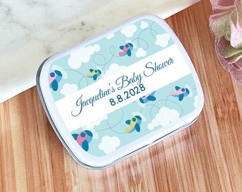Personalized 8 Pieces Baby Airplane Personalized Baby Shower Mint Tins Favors - White Mint Tin with Labels - Baby Favors Empty Tin