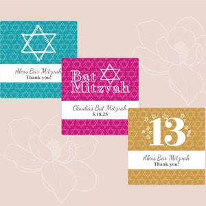 Personalized 24 Pieces Bar Mitzvah Favors or Bat Mitzvah Favors Square Shaped Labels Stickers MG31-Za Mitzvah Favors Birthday Square Label