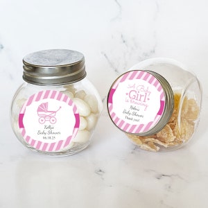 Personalized 12 Pieces Baby Girl Mini Glass Favor Jars DESIGN-MG32 Baby Girl Favors, Baby Pink Shower, Candy Jar Favors Bottle