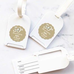 Personalized 12 Pieces Golden 50th Anniversary Luggage Tag Favors, Golden 50th Anniversary Travel Party Favors With Labels (MG833)