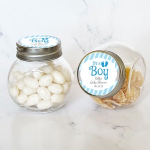 Personalized 12 Pieces Baby Boy Mini Glass Favor Jars DESIGN-MG29 Baby Boy Blue Themed Favors, Baby Shower Favors , Candy Jar Favors