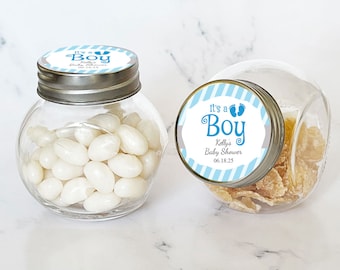 Personalized 12 Pieces Baby Boy Mini Glass Favor Jars DESIGN-MG29 Baby Boy Blue Themed Favors, Baby Shower Favors , Candy Jar Favors