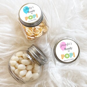 Personalized 12 Pieces Mini Glass Ready to Pop  Baby Shower Favors, Baby Shower Candy Favor Jars, (MG38)