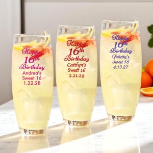 Personalized 24 pieces Printed Stemless Champagne Flute Happy Sweet Sixteenth 16th Birthday DESIGN-MG5M Sweet 16 Favors