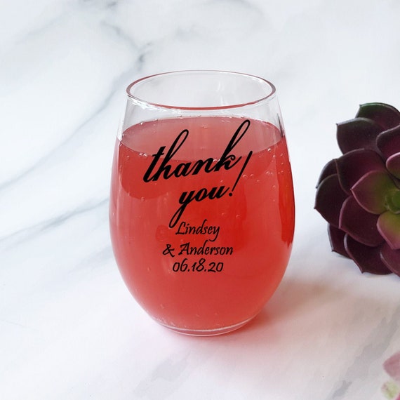 Personalized 12 Pieces Thank You Printed Stemless Wine Glass * DESIGN-MG9F  9 oz Stemless Wedding Party Favors