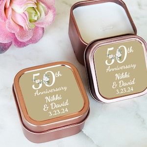 Personalized 12 Pieces Golden 50th Anniversary Rose Gold Mini Candle Tin Favors, Golden 50th Anniversary Candle Party Favors ( MG833 )