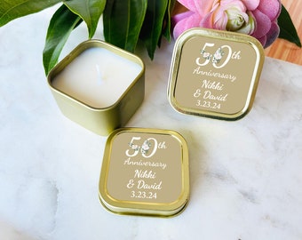 Personalized 12 Pieces 50th Golden Wedding Anniversary Gold Mini Candle Tin Favors, Anniversary Candle Party Favors ( MG833)