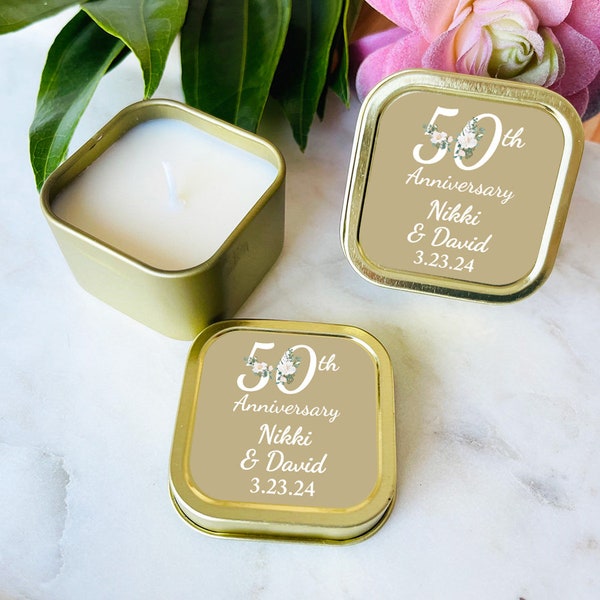 Personalized 12 Pieces 50th Golden Wedding Anniversary Gold Mini Candle Tin Favors, Anniversary Candle Party Favors ( MG833)