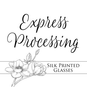 May include: Black and white illustration of a magnolia flower with the text "Express Processing Silk Printed Glasses".