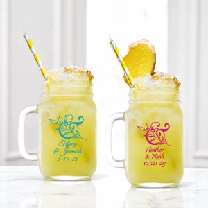 Personalized 24 pieces Printed Glass Mason Jar with Handle Large Glass Favors Ampersand Eco Leaves Wedding Favors Ideas DESIGN-MG8T Favor