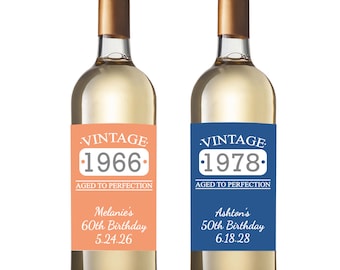 Personalized Vintage Aged to Perfection Wine Bottle Waterproof Labels Favors, Birthday Wine Labels Large Favors MG1-X Wine Birthday Favors