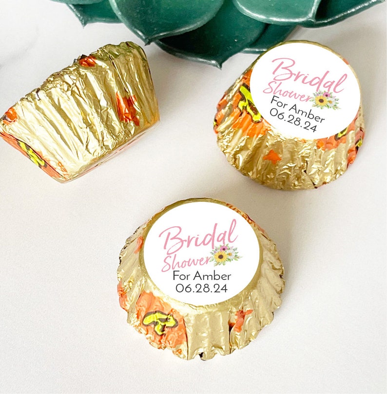 Personalized 108 Pcs Bridal Shower Sunflower Party Labels for Reese Mini Cups Favors, MG45-E Bridal Favor Labels For Reese Butter Favors image 1