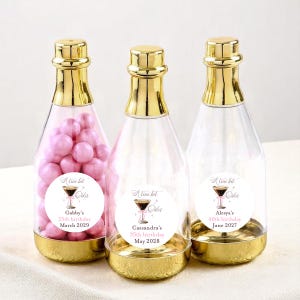 Personalized 12 Pieces Tini Bit Older Metallic Champagne Plastic Bottle Favor Container, DESIGN-MG3 Birthday Party