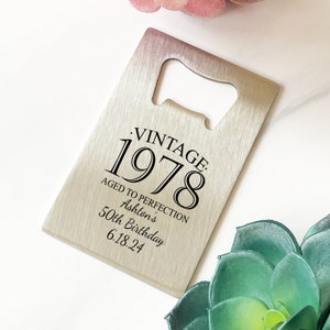 Personalized 24 pieces Printed Silver Stainless Steel Credit Card Bottle Opener, Vintage Aged To Perfection DESIGN-MG1 Birthday Favors