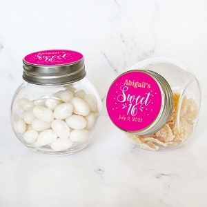 Personalized 12 Pieces Mini Glass Sweet 16 Hot Pink Gold, Sweet 16 Favors, Sweet 16 Candy Favor Jars, Mini Candy Jar Favors (MG828)