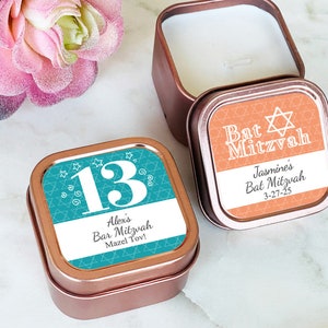 Personalized 12 Pieces Bar Mitzvah Favors or Bat Mitzvah Rose Gold Candle Tin Favors MG31-C Rose Gold Candle Party Mitzvah Favors Birthday