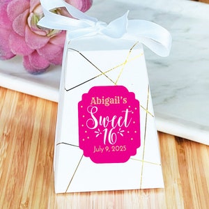 Personalized 12 Pieces Sweet 16 Hot Pink Gold Shower Favor Box with Gold Foil Accent, Sweet Sixteen Container Favor Boxes (MG828)