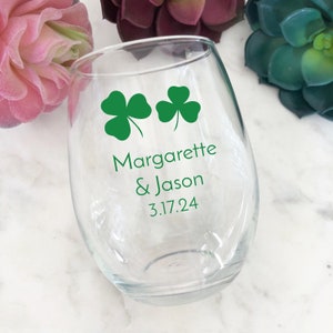 Personalized 24 pieces Printed  Irish Shamrock Wedding Party  Stemless Wine Glass  9 oz Stemless Wedding Party Favors