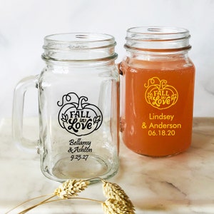 Personalized 24 pieces Fall in Love Printed Glass Mason Jar w/ Handle Large Wedding Favor Ideas DESIGN-MG17 Wedding Favors
