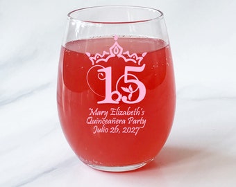 Personalized 24 pieces Mis Quince 15 Quinceañera Personalized Printed Stemless Wine Glass DESIGN-MG4/C 9 OZ Stemless Quinceañera Favors