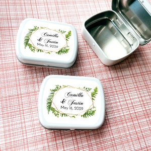 Personalized 8 Pcs Leaves Tropical Wedding White Mint Tin Containers with Labels Favors, Beach Wedding Empty Mint Tin Favors