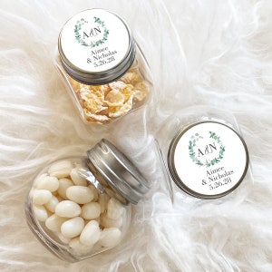 Personalized 12 Pieces Mini Glass Eucalyptus Initials Wedding Favors, Wedding Candy Favor Jars, (MG10)