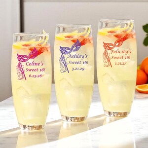 Personalized 24 pieces Printed Stemless Champagne Fluted Favors, Masquerade Sweet 16 Or Quinceanñera DESIGN- MG43 Birthday Party Favors