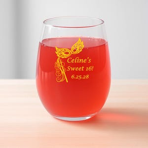 Personalized 24 pieces Printed Masquerade Sweet 16 Or Quinceanñera Party  Stemless Wine Glass   9 oz Stemless Birthday Party Favors
