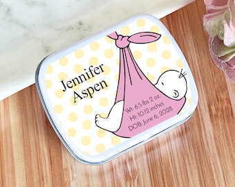 Personalized 8 Pieces Baby Announcements Personalized Baby Shower Mint Tins Favors - White Mint Tin with Labels - Baby Favors Empty Tin