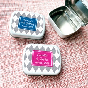 Personalized 12 Pcs Argyle Design White Mint Tin Containers with Labels Favors, Birthday Bridal Shower Wedding Empty Mint Tin Favors