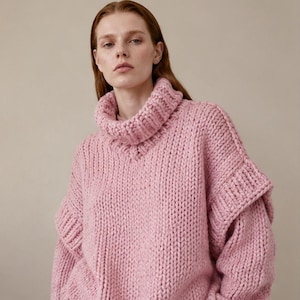 Pink chunky turtleneck sweater hand knit oversized cozy winter thick image 1