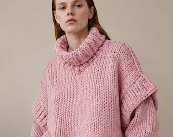 Maglione rosa a collo alto grosso, lavorato a mano, oversize, comodo, invernale, spesso