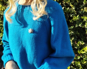 Cross shoulder bubble sleeve sweater, soft hand knitted merino wool pullover,