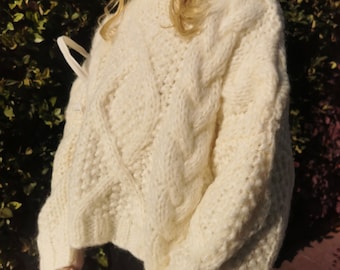 Cream white turtleneck chunky knit sweater by loose hand knit