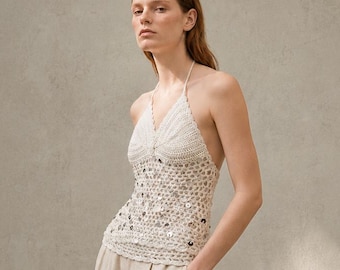 Top all'americana color crema all'uncinetto con paillettes / Abbigliamento estivo boho a maglia aperta per festival