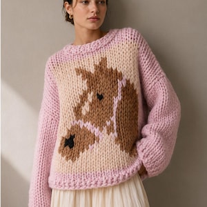 Maglione rosa con cavallo, lavorazione a maglia grossa intarsio, lavorato a mano, girocollo, oversize immagine 5