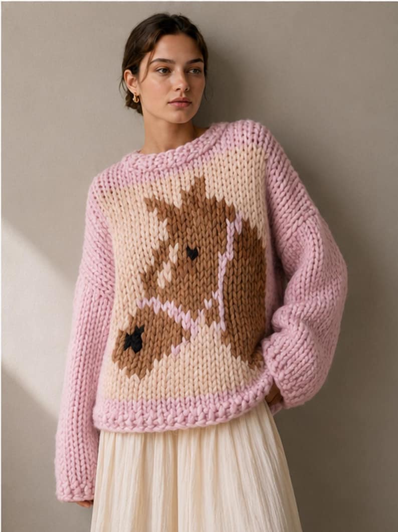 Maglione rosa con cavallo, lavorazione a maglia grossa intarsio, lavorato a mano, girocollo, oversize immagine 5