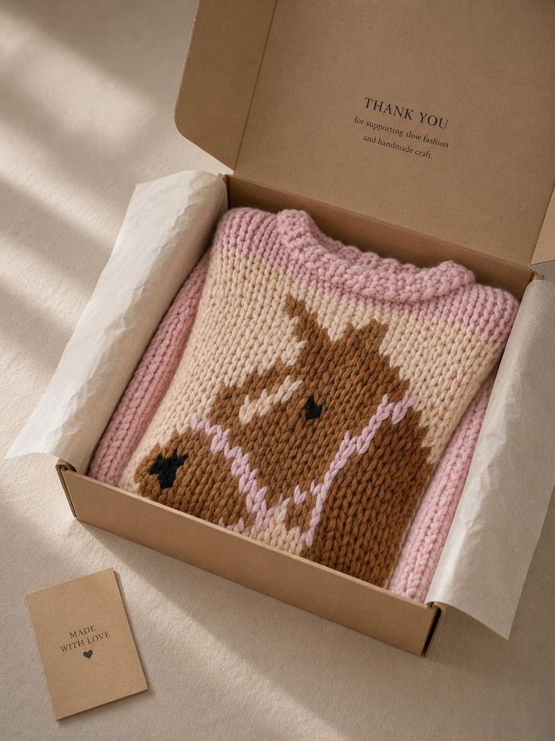 Maglione rosa con cavallo, lavorazione a maglia grossa intarsio, lavorato a mano, girocollo, oversize immagine 6