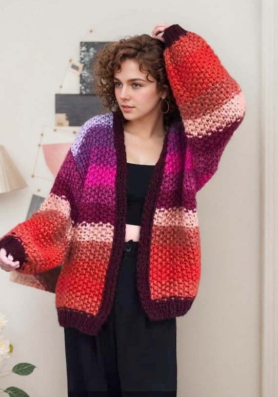Balloon Sleeves Chunky Knit Rainbow Cardigan Cielo Rainbow Knit