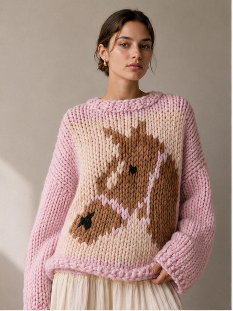 Maglione rosa con cavallo, lavorazione a maglia grossa intarsio, lavorato a mano, girocollo, oversize immagine 2