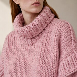Pink chunky turtleneck sweater hand knit oversized cozy winter thick image 3