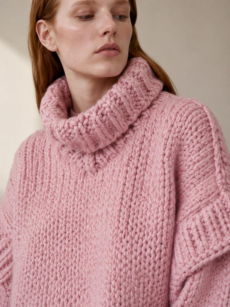 Pink chunky turtleneck sweater hand knit oversized cozy winter thick image 3